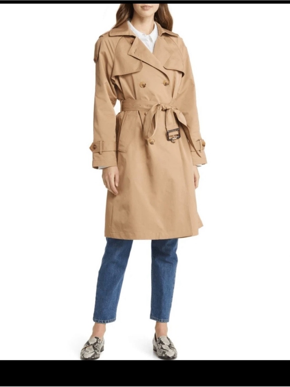 BCBGeneration Tan Double-Breasted Trench Coat with Tie Belt